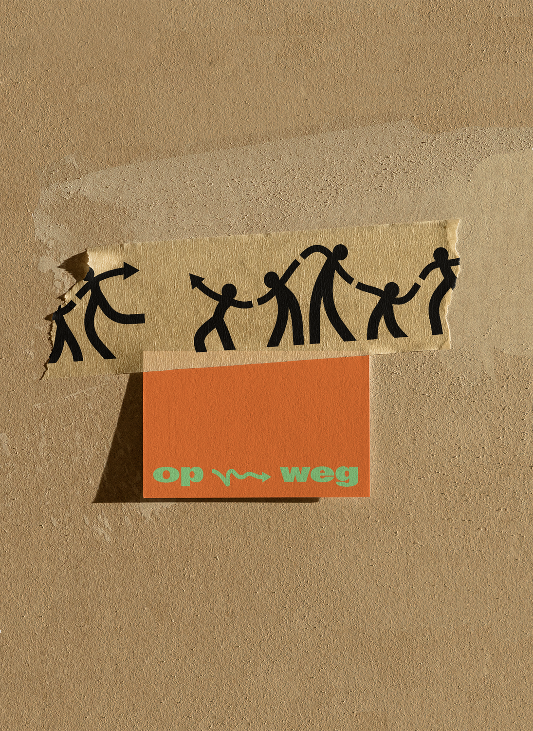 Op Weg printed card with stick figures