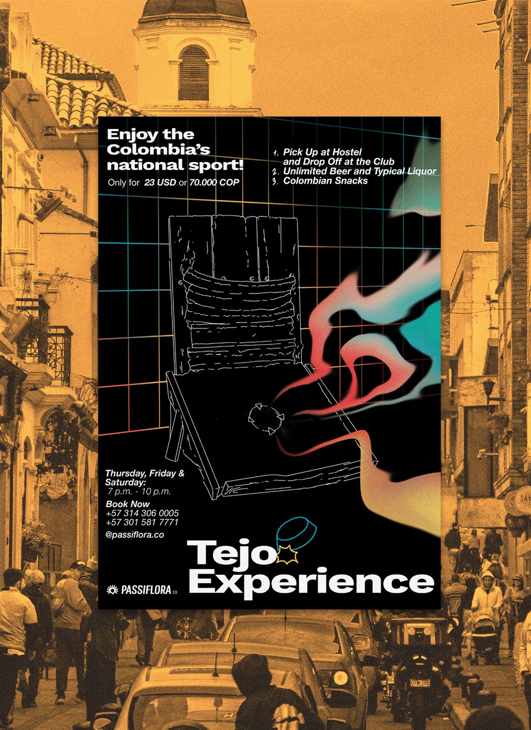 Passiflora Tejo Experience poster in a street setting